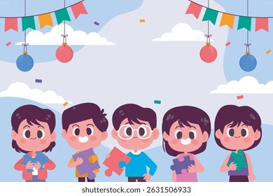 Cinco niños que sostienen el rompecabezas leído para celebrar el fondo en marco Horizontal