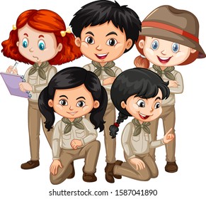 Five children in safari outfit standing illustration