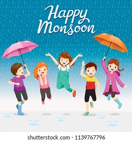 Five Children With Umbrella And Raincoat Jumping In The Rain Playfully, Monsoon, Rainy Day, Season, Raindrop, People, Relationship, Soaked