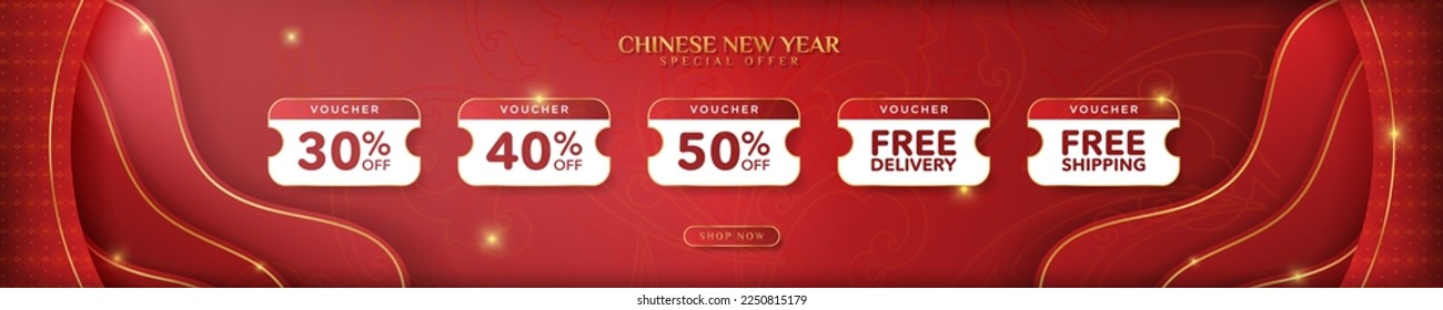 Cinco cheques de descuento de Año Nuevo chinos y cheques de envío gratuitos. Plantilla de descuento para cupones de Año Nuevo chino con botón de compra ahora. Ilustración vectorial. EPS 10