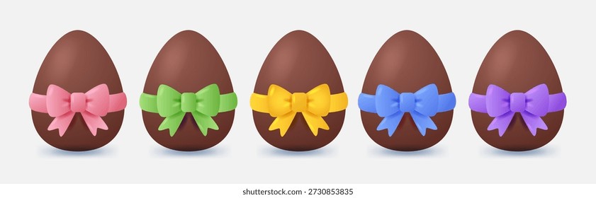 Cinco huevos de chocolate con arcos coloridos. Conjunto de dulces de Pascua