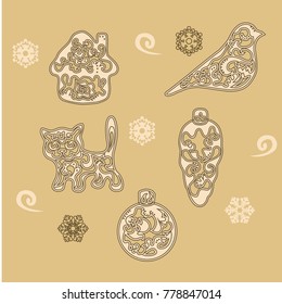 Five Christmas decorative figure of bird, cat, house, fir-cone and Christmas ball.