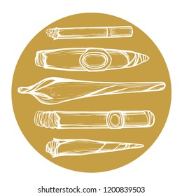 Five cigarettes on a background of yellow circle.
Vintage illustration. Hand drawing.