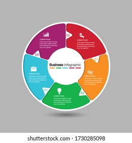 a five circle element with a paper icon and a place for the text to be a white paper circle. Concept 5 features of business development. Infographic design template. Vector illustration.