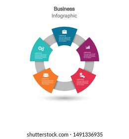 
five circle elements with a paper icon and a place for the text to be a white paper circle. Concept 5 features of business development. Infographic design template. Vector illustration.