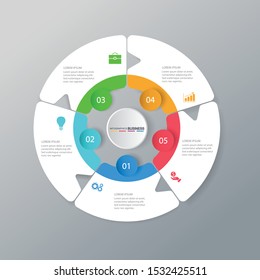 
five circle elements with a paper icon and a place for the text to be a white paper circle. Concept 5 features of business development. Infographic design template. Vector illustration.