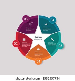 
five circle elements with a paper icon and a place for the text to be a white paper circle. Concept 5 features of business development. Infographic design template. Vector illustration.