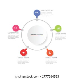 
five circle elements with a paper icon and a place for the text to be a white circle paper. Concept 5 features of business development. Infographic design template. Vector illustration.