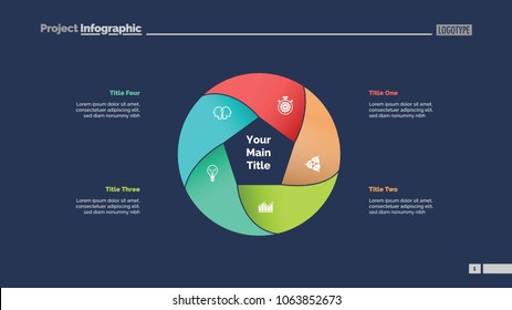 Five circle elements process chart slide template. Business data. Plan, point, design. Creative concept for infographic, presentation, report. For topics like management, teamwork, production.