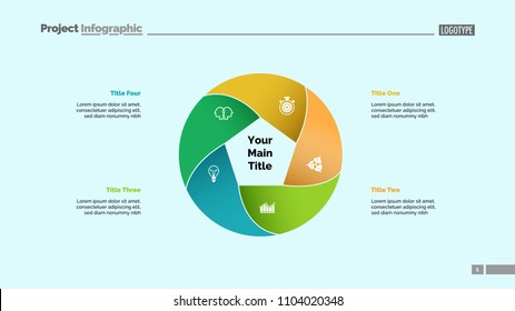 Five circle elements process chart slide template. Business data. Plan, point, design. Creative concept for infographic, presentation, report. For topics like management, teamwork, production.
