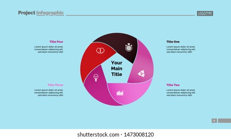 Five circle elements process chart slide template. Business data. Plan, point, design. Creative concept for infographic, presentation, report. For topics like management, teamwork, production.