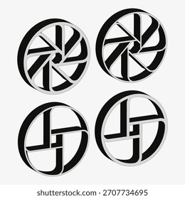Five circle icons. Dynamic spiral pattern. Abstract Vector element set. Black white graphic.