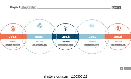 Five circle timeline and size diagram. Chart, slide, template. Creative concept for infographics, presentation, project, report. Can be used for topics like business, strategy, development