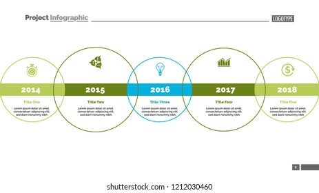Five circle timeline and size diagram. Chart, slide, template. Creative concept for infographics, presentation, project, report. Can be used for topics like business, strategy, development