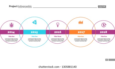 Five circle timeline and size diagram. Chart, slide, template. Creative concept for infographics, presentation, project, report. Can be used for topics like business, strategy, development