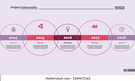 Five circle timeline and size diagram. Chart, slide, template. Creative concept for infographics, presentation, project, report. Can be used for topics like business, strategy, development