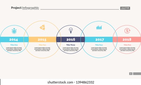 Five circle timeline and size diagram. Chart, slide, template. Creative concept for infographics, presentation, project, report. Can be used for topics like business, strategy, development
