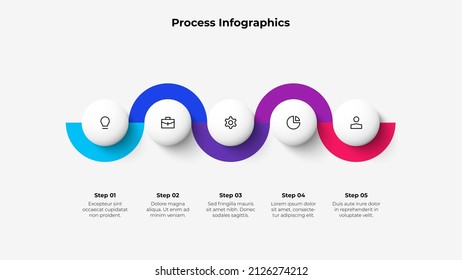 Five Circles Arranged In A Horizontal Row Connected By A Zigzag Line. Concept Of 5 Steps Of Business Timeline. Creative Infographic Design Template.