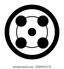 Five circles arranged in the shape of a dice face of five pips, surrounded and connected by two circles. Perhaps a reference to 5 elements or 5 dimensions. Crop circle pattern found 2025 in Wiltshire.