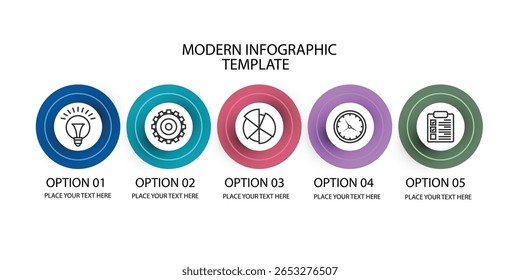 Cinco círculos conectados por una línea. Infografía de concepto de línea de tiempo con 5 opciones