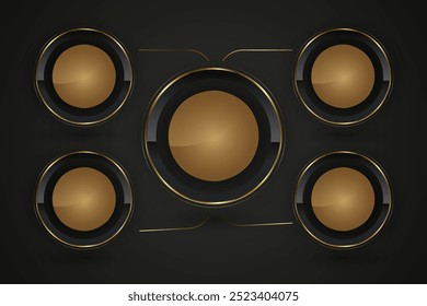 Botones negros lujosos de cinco círculos con la Ilustración vectorial de marco dorado y el diseño elegante brillante 3D para el diseño de Vector de la etiqueta, del emblema, de los círculos de la medalla