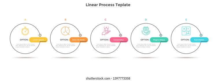 Five circles placed in horizontal row. Concept of strategic development plan with 5 successive steps or stages. Minimal infographic design template. Linear vector illustration for presentation.