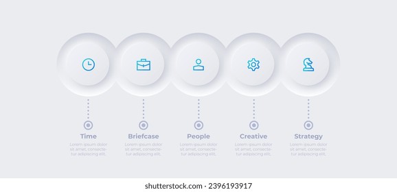 Five circles placed in horizontal row. Concept of 5 steps of marketing strategy. Neumorphism infographic design template