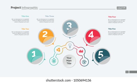 Five circles process chart slide template. Business data. Step, point, design. Creative concept for infographic, presentation, report. Can be used for topics like marketing, finance, production.