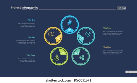 Five circles process chart slide template. Business data. Stage, diagram, design. Creative concept for infographic, presentation. Can be used for topics like management, banking, teamwork.