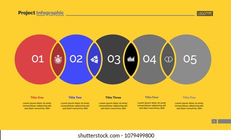 Five circles process chart slide template. Business data. Point, solution, design. Creative concept for infographic, presentation, report. Can be used for topics like consulting, training, planning.