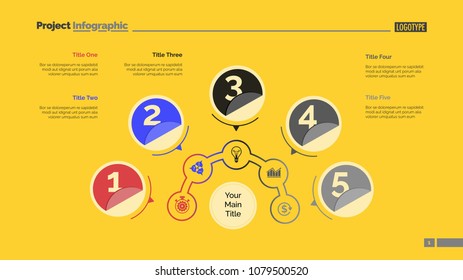 Five circles process chart slide template. Business data. Step, point, design. Creative concept for infographic, presentation, report. Can be used for topics like marketing, finance, production.