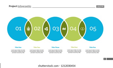 Five circles process chart slide template. Business data. Point, solution, design. Creative concept for infographic, presentation, report. Can be used for topics like consulting, training, planning.
