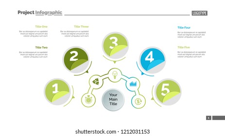 Five circles process chart slide template. Business data. Step, point, design. Creative concept for infographic, presentation, report. Can be used for topics like marketing, finance, production.