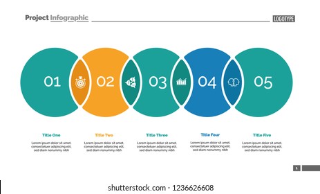 Five circles process chart slide template. Business data. Point, solution, design. Creative concept for infographic, presentation, report. Can be used for topics like consulting, training, planning.
