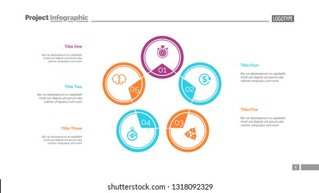 Five circles process chart slide template. Business data. Stage, diagram, design. Creative concept for infographic, presentation. Can be used for topics like management, banking, teamwork.