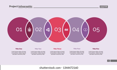 Five circles process chart slide template. Business data. Point, solution, design. Creative concept for infographic, presentation, report. Can be used for topics like consulting, training, planning.