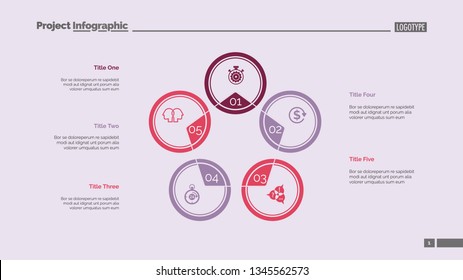 Five circles process chart slide template. Business data. Stage, diagram, design. Creative concept for infographic, presentation. Can be used for topics like management, banking, teamwork.