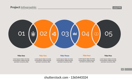 Five circles process chart slide template. Business data. Point, solution, design. Creative concept for infographic, presentation, report. Can be used for topics like consulting, training, planning.