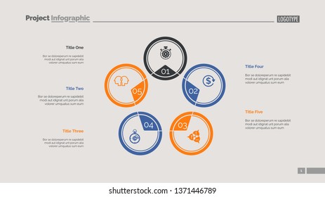 Five circles process chart slide template. Business data. Stage, diagram, design. Creative concept for infographic, presentation. Can be used for topics like management, banking, teamwork.