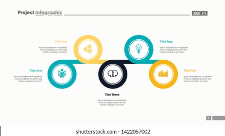 Five circles process chart slide template. Business data. Point, diagram, design. Creative concept for infographic, presentation. Can be used for topics like management, consulting, planning.