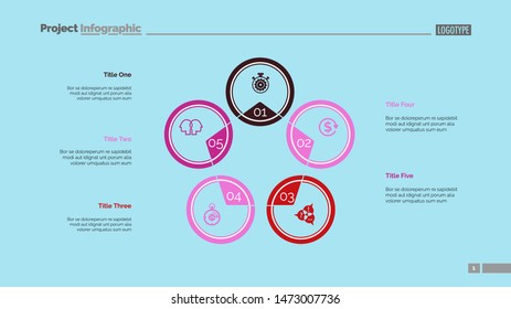 Five circles process chart slide template. Business data. Stage, diagram, design. Creative concept for infographic, presentation. Can be used for topics like management, banking, teamwork.