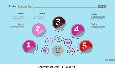 Five circles process chart slide template. Business data. Step, point, design. Creative concept for infographic, presentation, report. Can be used for topics like marketing, finance, production.