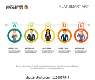 Five circles process chart template for presentation. Business data visualization. Idea, teamwork, research or marketing creative concept for infographic, report, project layout.
