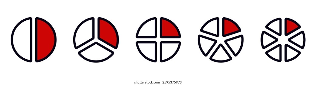 Five circular diagrams displaying diverse data parts in red and white with unique geometric designs.