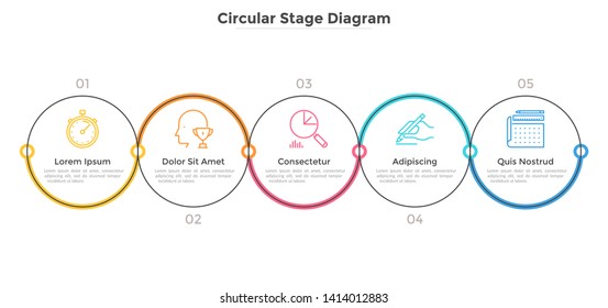 Five circular elements arranged into horizontal row. Concept of 5 strategic steps of business project development. Linear infographic design template. Vector illustration for banner, presentation.