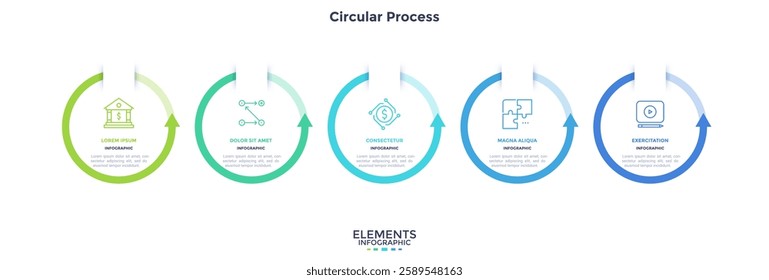 Five circular elements with arrows placed in horizontal row. Concept of 5steps of project development process. Modern flat infographic design template. Minimal vector illustration for banner.