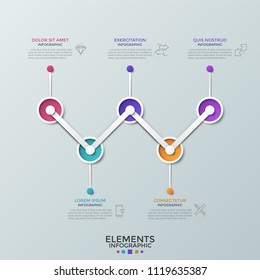 Five circular elements connected by zig zag line, linear symbols and place for text. Horizontal timeline with 5 options. Clean infographic design template. Vector illustration for business brochure.