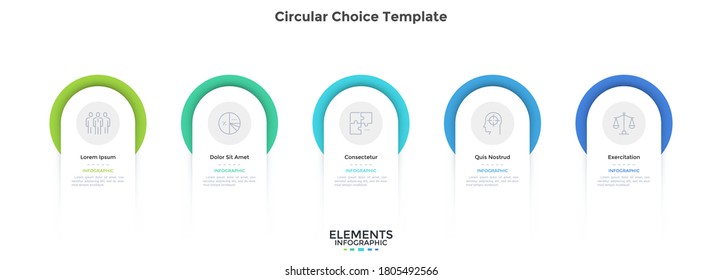 Five circular elements placed in horizontal row. Concept of 5 steps of startup project development. Flat infographic design template. Simple vector illustration for business data visualization.