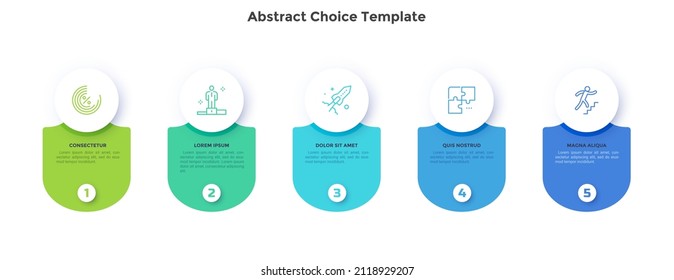 Five circular elements placed in horizontal row. Concept of 5 successive steps to startup project launch. Modern flat abstract vector illustration for business data analysis, statistical report.