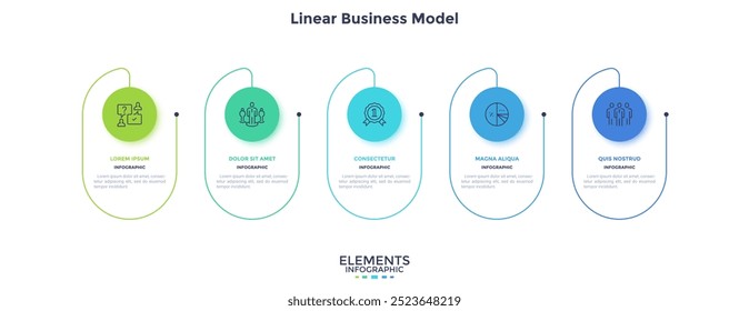 Cinco elementos circulares colocados na linha horizontal. Conceito de 5 etapas de desenvolvimento de projetos de inicialização. Modelo de design de infográfico plano. Ilustração vetorial simples para visualização de dados empresariais.